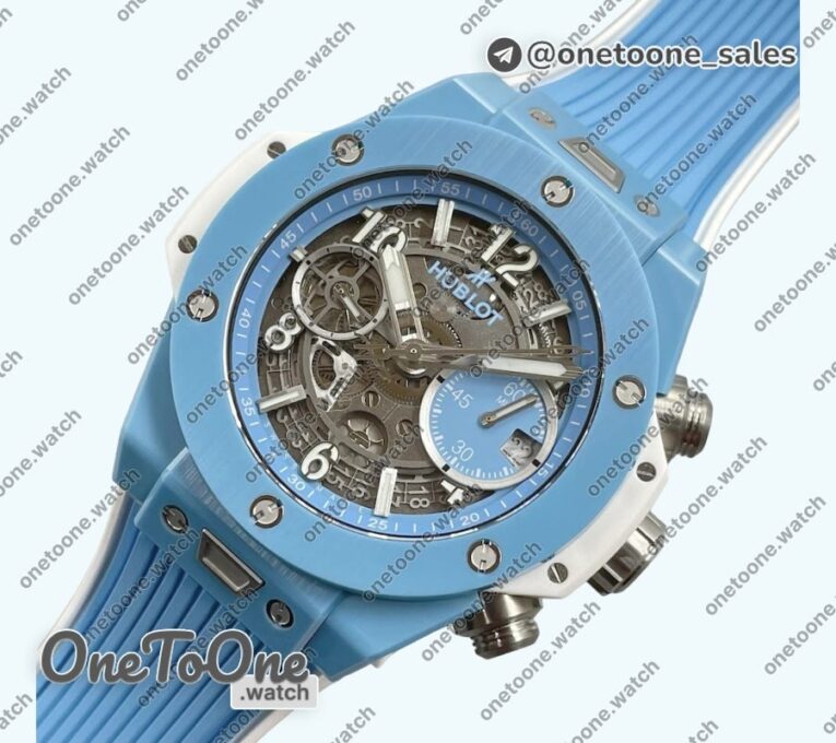 Реплика часов Hublot Hublot Big Bang Unico Blue/White Ceramic Top-tier Копия один в один Skeleton Dial on Blue/White Rubber Strap
