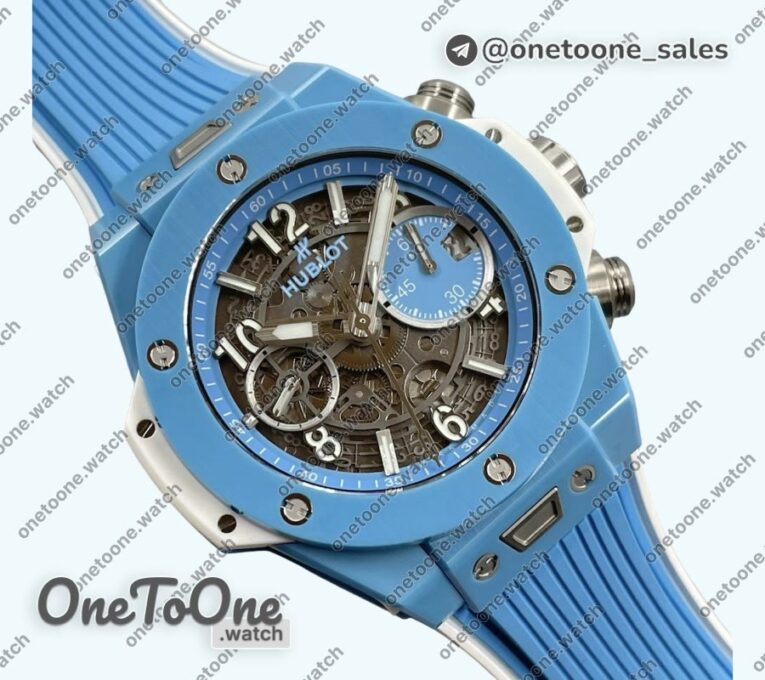 Реплика часов Hublot Hublot Big Bang Unico Blue/White Ceramic Top-tier Копия один в один Skeleton Dial on Blue/White Rubber Strap
