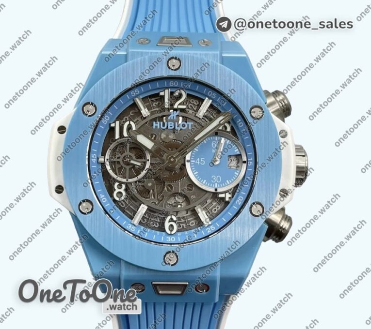 Реплика часов Hublot Hublot Big Bang Unico Blue/White Ceramic Top-tier Копия один в один Skeleton Dial on Blue/White Rubber Strap