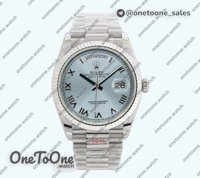 Реплика часов Rolex Day Date 36mm Stainless steel Top-tier Копия один в один Roman Marker Ice Blue Dial Bracelet