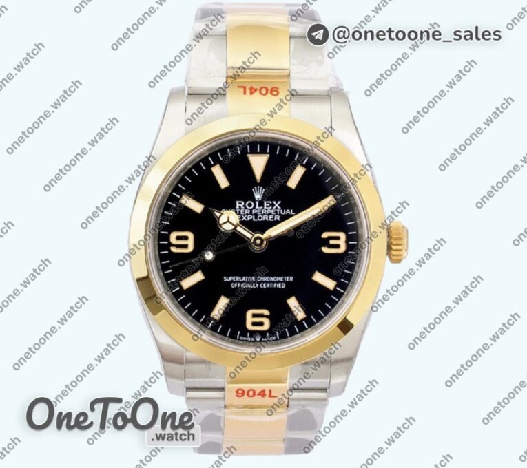 Реплика часов Rolex Explorer 1 124270 36mm 904L Stainless steel/Yellow gold Black Dial Asia 3230