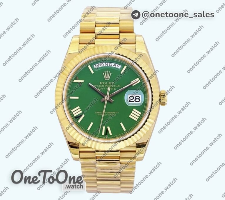 Реплика часов Rolex Day Date 40mm Yellow gold Top-tier Копия один в один Roman Marker Green Dial Yellow gold Bracelet
