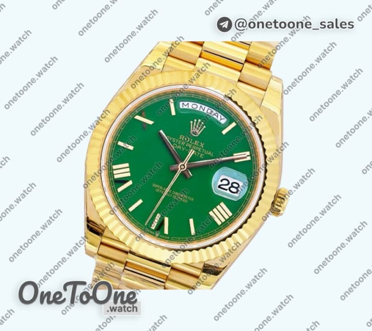 Реплика часов Rolex Day Date 40mm Yellow gold Top-tier Копия один в один Roman Marker Green Dial Yellow gold Bracelet