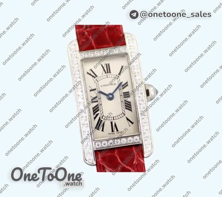 Реплика часов Cartier Tank WJT 29mm Diamonds Bezel Stainless steel Silver Dial Red Croco Strap Ronda Quartz