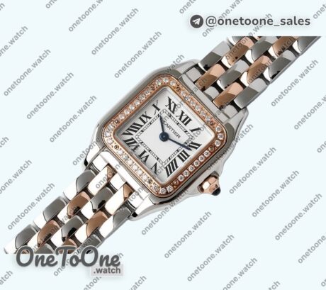 Реплика часов Cartier Panthère Top-tier Копия один в один Rose gold/Stainless steel White Dial Diamonds Bezel on Rose gold/Stainless steel Bracelet Ronda Quartz