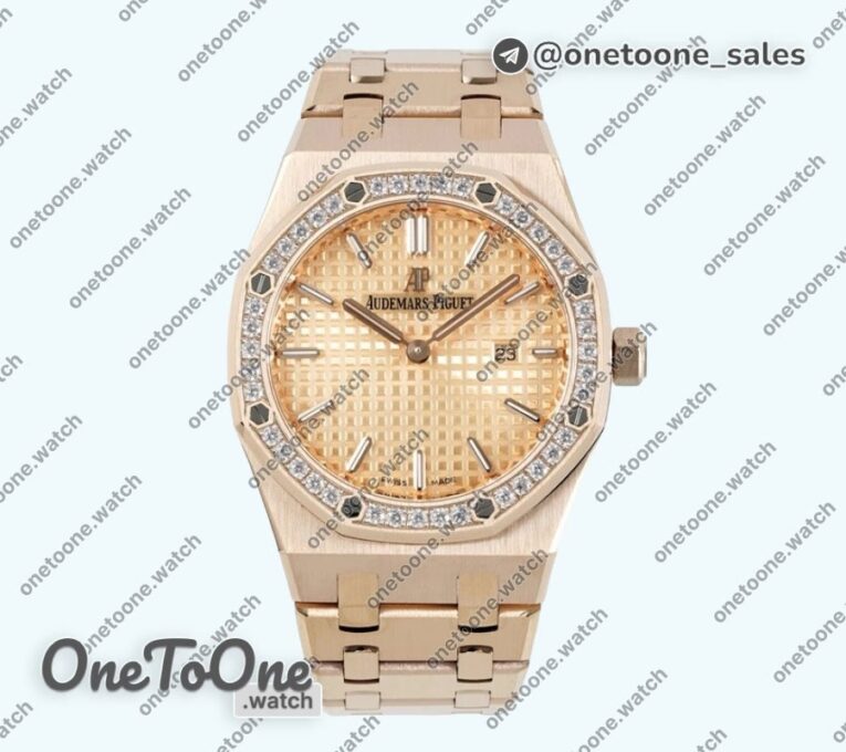 Реплика часов Audemars Piguet Royal Oak Lady 33mm Rose gold Top-tier Копия один в один Rose gold Dial Diamonds Bezel Rose gold Bracelet ETA Quartz