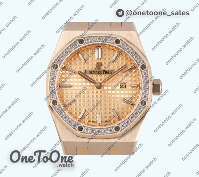 Реплика часов Audemars Piguet Royal Oak Lady 33mm Rose gold Top-tier Копия один в один Rose gold Dial Diamonds Bezel Rose gold Bracelet ETA Quartz
