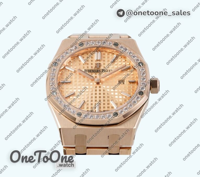 Реплика часов Audemars Piguet Royal Oak Lady 33mm Rose gold Top-tier Копия один в один Rose gold Dial Diamonds Bezel Rose gold Bracelet ETA Quartz