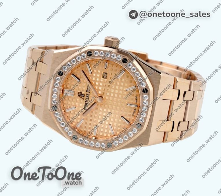 Реплика часов Audemars Piguet Royal Oak Lady 33mm Rose gold Top-tier Копия один в один Rose gold Dial Diamonds Bezel Rose gold Bracelet ETA Quartz