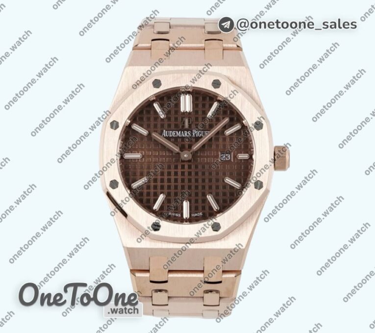 Реплика часов Audemars Piguet Royal Oak Lady 33mm Rose gold Top-tier Копия один в один Brown Dial Rose gold Bracelet ETA Quartz