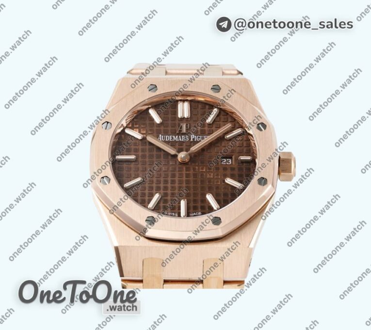 Реплика часов Audemars Piguet Royal Oak Lady 33mm Rose gold Top-tier Копия один в один Brown Dial Rose gold Bracelet ETA Quartz