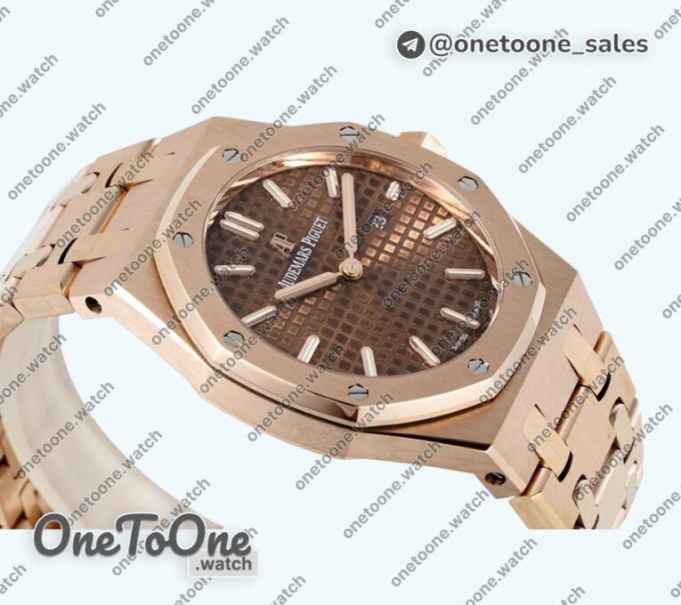 Реплика часов Audemars Piguet Royal Oak Lady 33mm Rose gold Top-tier Копия один в один Brown Dial Rose gold Bracelet ETA Quartz