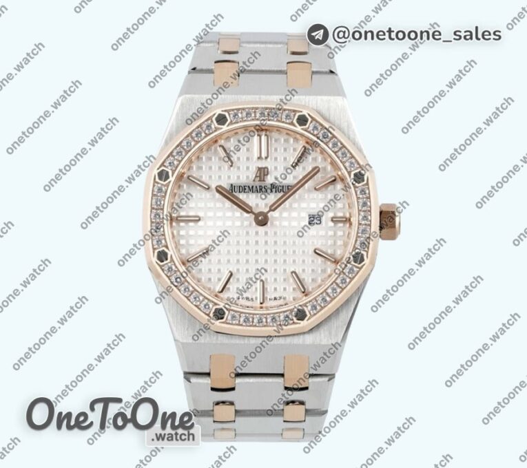 Реплика часов Audemars Piguet Royal Oak Lady 33mm Top-tier Копия один в один Silver Dial Diamonds Bezel TT Bracelet ETA Quartz