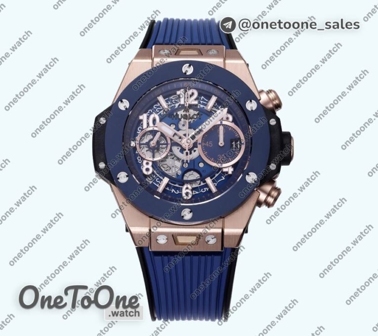 Реплика часов Hublot Hublot Big Bang Unico 42mm Rose gold/Ceramic Bezel Top-tier Копия один в один Blue Skeleton Dial on Blue Rubber Strap