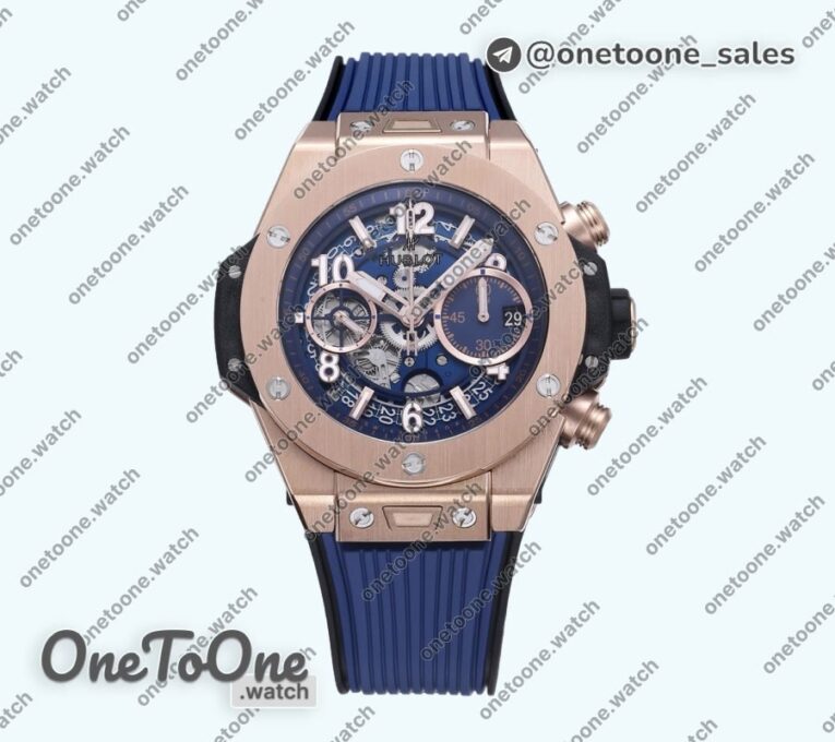 Реплика часов Hublot Hublot Big Bang Unico 42mm Rose gold Top-tier Копия один в один Blue Skeleton Dial on Blue Rubber Strap