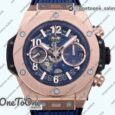 Реплика часов Hublot Hublot Big Bang Unico 42mm Rose gold Top-tier Копия один в один Blue Skeleton Dial on Blue Rubber Strap