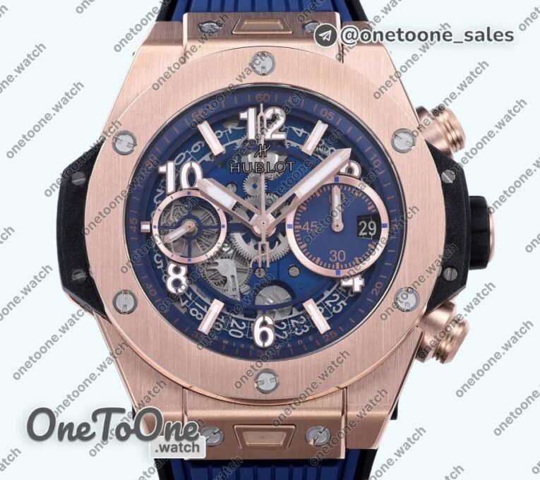 Реплика часов Hublot Hublot Big Bang Unico 42mm Rose gold Top-tier Копия один в один Blue Skeleton Dial on Blue Rubber Strap