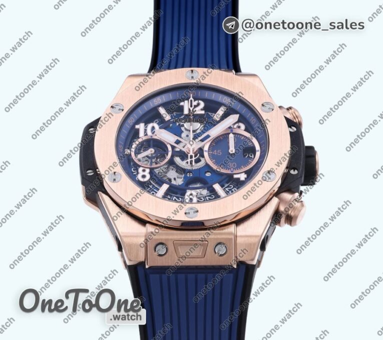 Реплика часов Hublot Hublot Big Bang Unico 42mm Rose gold Top-tier Копия один в один Blue Skeleton Dial on Blue Rubber Strap