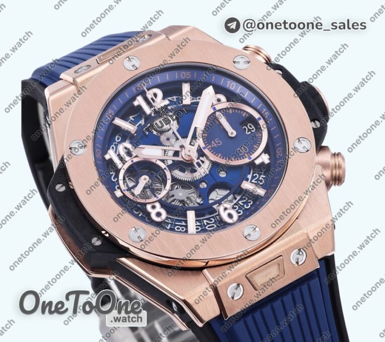 Реплика часов Hublot Hublot Big Bang Unico 42mm Rose gold Top-tier Копия один в один Blue Skeleton Dial on Blue Rubber Strap
