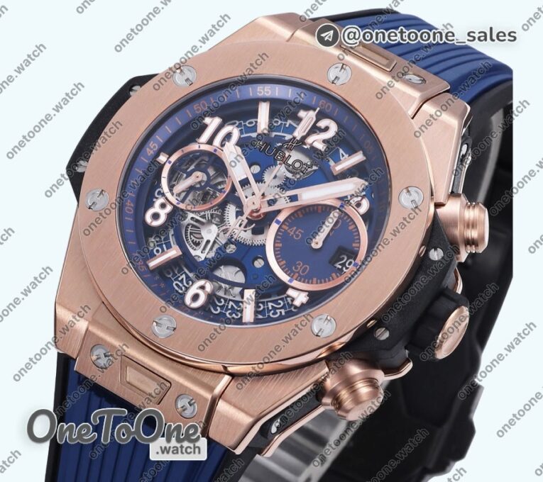 Реплика часов Hublot Hublot Big Bang Unico 42mm Rose gold Top-tier Копия один в один Blue Skeleton Dial on Blue Rubber Strap