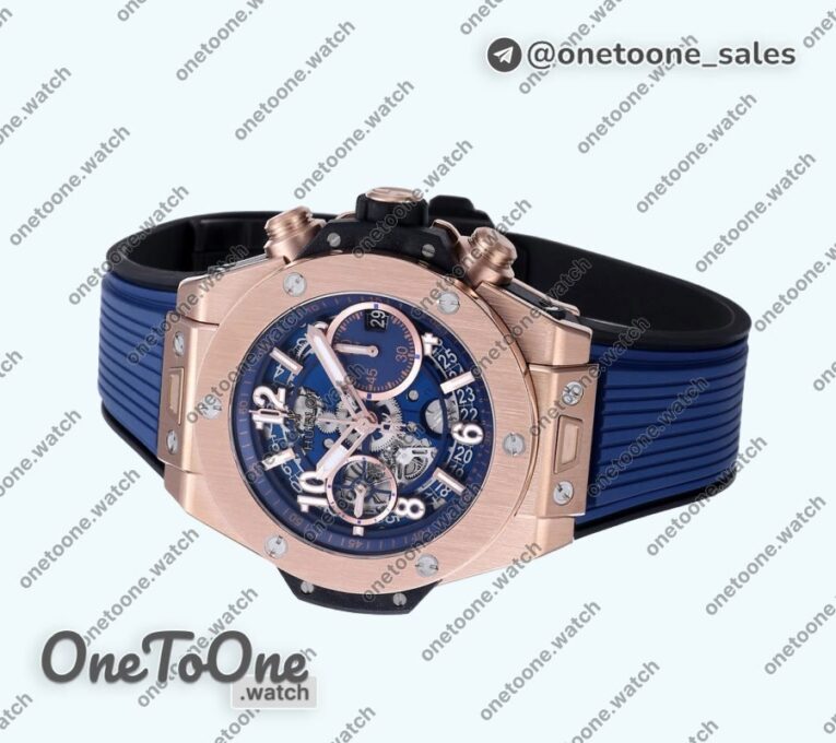 Реплика часов Hublot Hublot Big Bang Unico 42mm Rose gold Top-tier Копия один в один Blue Skeleton Dial on Blue Rubber Strap