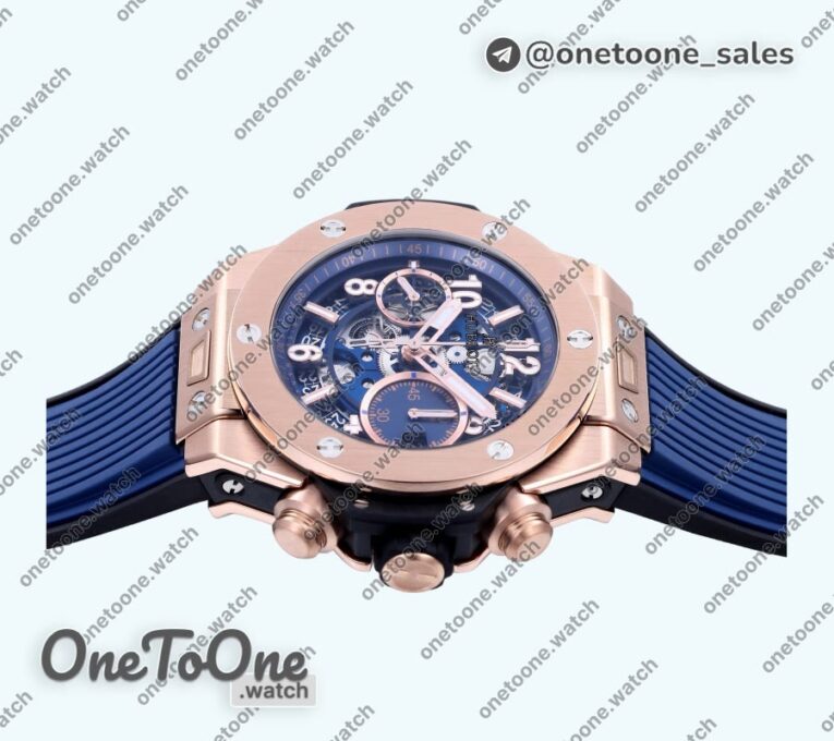 Реплика часов Hublot Hublot Big Bang Unico 42mm Rose gold Top-tier Копия один в один Blue Skeleton Dial on Blue Rubber Strap