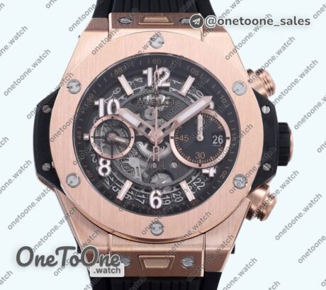 Реплика часов Hublot Hublot Big Bang Unico 42mm Rose gold Top-tier Копия один в один Black Skeleton Dial on Black Rubber Strap