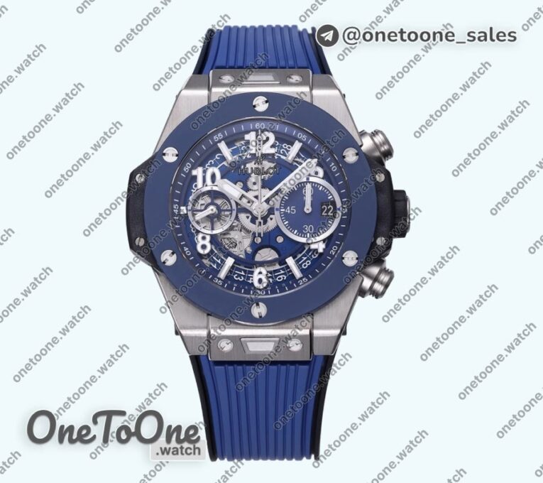Реплика часов Hublot Hublot Big Bang Unico 42mm Titanium/Ceramic Bezel Top-tier Копия один в один Blue Skeleton Dial on Blue Rubber Strap