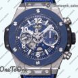 Реплика часов Hublot Hublot Big Bang Unico 42mm Titanium/Ceramic Bezel Top-tier Копия один в один Blue Skeleton Dial on Blue Rubber Strap