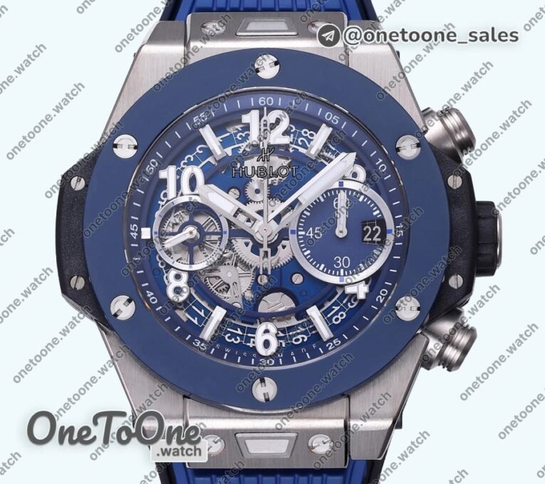 Реплика часов Hublot Hublot Big Bang Unico 42mm Titanium/Ceramic Bezel Top-tier Копия один в один Blue Skeleton Dial on Blue Rubber Strap