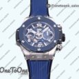 Реплика часов Hublot Hublot Big Bang Unico 42mm Titanium/Ceramic Bezel Top-tier Копия один в один Blue Skeleton Dial on Blue Rubber Strap