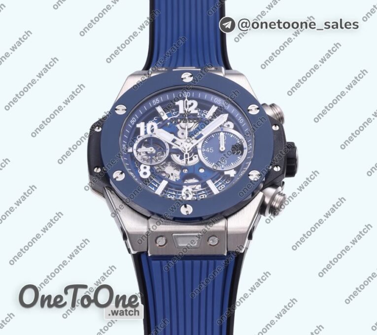 Реплика часов Hublot Hublot Big Bang Unico 42mm Titanium/Ceramic Bezel Top-tier Копия один в один Blue Skeleton Dial on Blue Rubber Strap