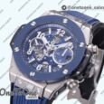 Реплика часов Hublot Hublot Big Bang Unico 42mm Titanium/Ceramic Bezel Top-tier Копия один в один Blue Skeleton Dial on Blue Rubber Strap
