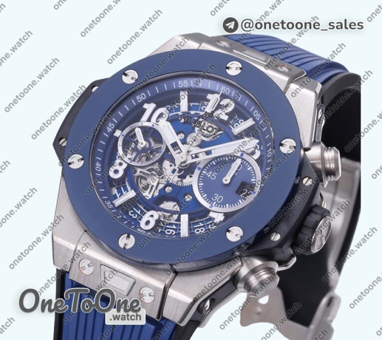 Реплика часов Hublot Hublot Big Bang Unico 42mm Titanium/Ceramic Bezel Top-tier Копия один в один Blue Skeleton Dial on Blue Rubber Strap