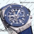 Реплика часов Hublot Hublot Big Bang Unico 42mm Titanium/Ceramic Bezel Top-tier Копия один в один Blue Skeleton Dial on Blue Rubber Strap