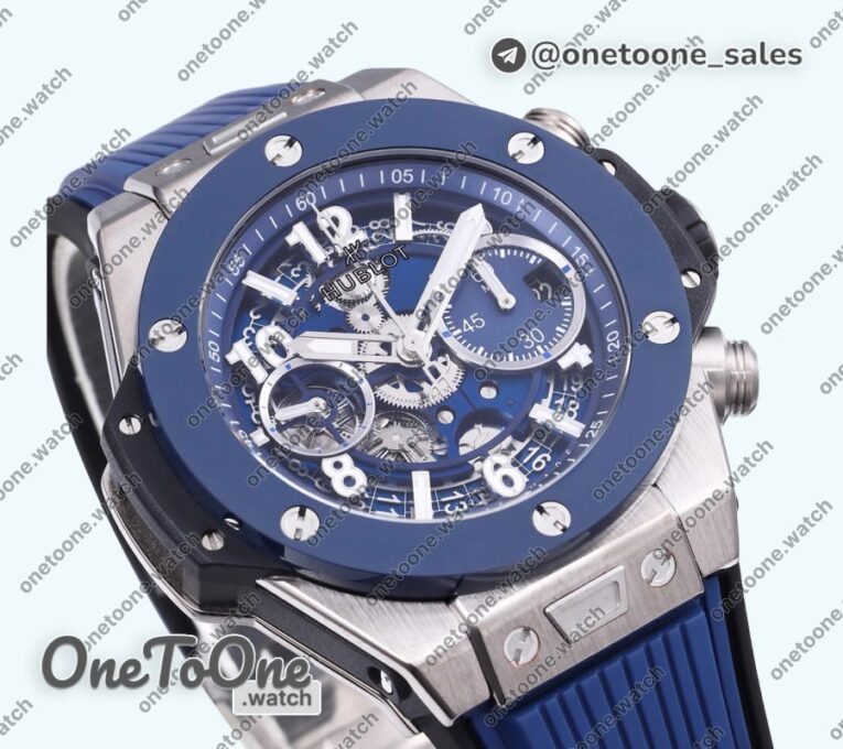 Реплика часов Hublot Hublot Big Bang Unico 42mm Titanium/Ceramic Bezel Top-tier Копия один в один Blue Skeleton Dial on Blue Rubber Strap