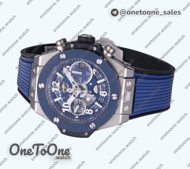 Реплика часов Hublot Hublot Big Bang Unico 42mm Titanium/Ceramic Bezel Top-tier Копия один в один Blue Skeleton Dial on Blue Rubber Strap