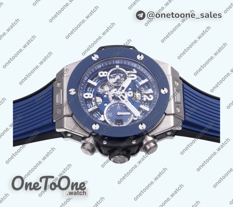 Реплика часов Hublot Hublot Big Bang Unico 42mm Titanium/Ceramic Bezel Top-tier Копия один в один Blue Skeleton Dial on Blue Rubber Strap