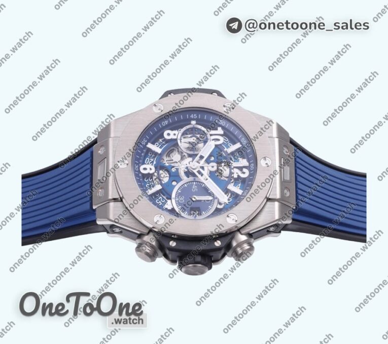 Реплика часов Hublot Hublot Big Bang Unico 42mm Titanium Top-tier Копия один в один Blue Skeleton Dial on Blue Rubber Strap