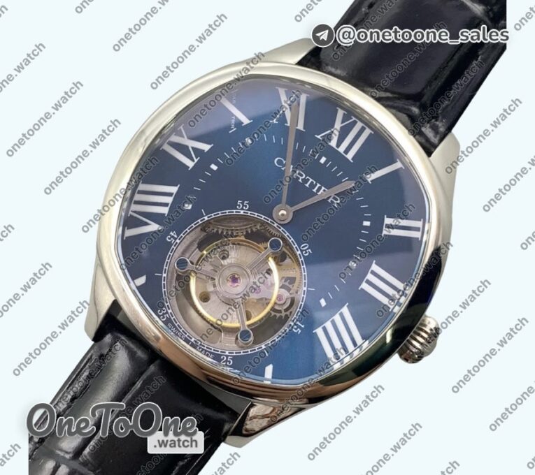 Реплика часов Cartier Drive De Cartier Flying Tourbillon Stainless steel Top-tier Копия один в один Blue Dial Leather Strap S