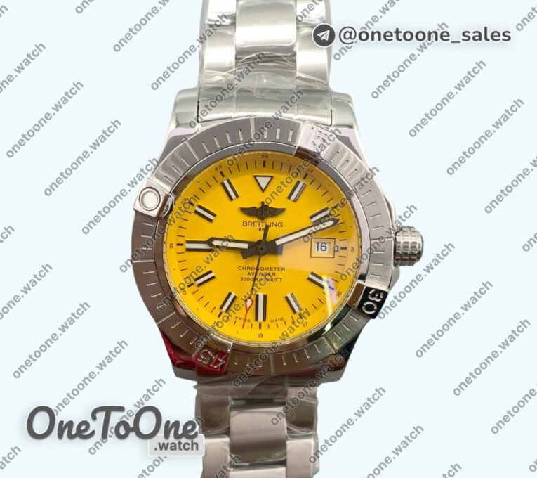 Реплика часов Breitling Avenger Automatic 43mm Stainless steel Top-tier Копия один в один Yellow Dial on Stainless steel Bracelet