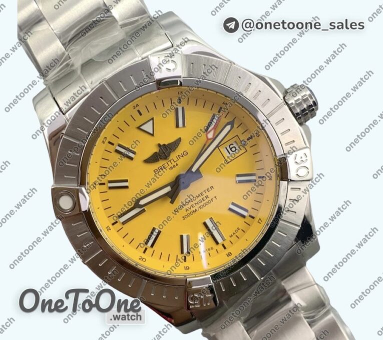 Реплика часов Breitling Avenger Automatic 43mm Stainless steel Top-tier Копия один в один Yellow Dial on Stainless steel Bracelet