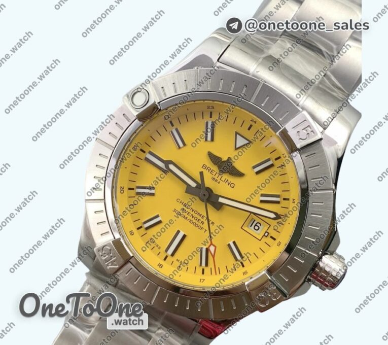 Реплика часов Breitling Avenger Automatic 43mm Stainless steel Top-tier Копия один в один Yellow Dial on Stainless steel Bracelet