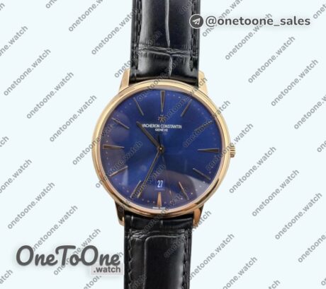 Реплика часов Vacheron Constantin Patrimony Date Rose gold Top-tier Копия один в один Blue Dial Leather Strap MIYOTA 9015