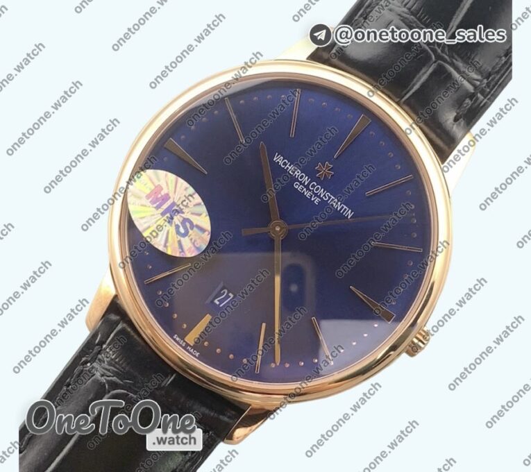 Реплика часов Vacheron Constantin Patrimony Date Rose gold Top-tier Копия один в один Blue Dial Leather Strap MIYOTA 9015