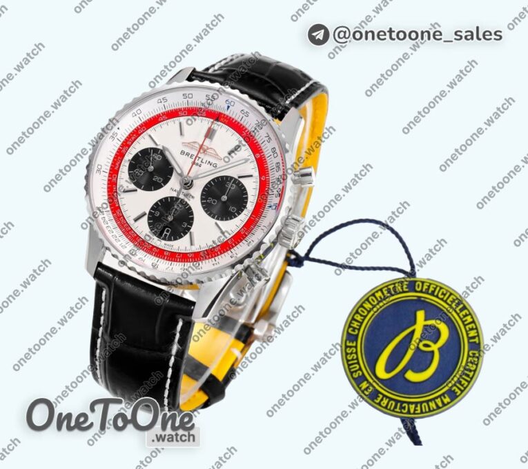 Реплика часов Breitling Navitimer B01 Chrono 43mm Stainless steel White/Red Dial Leather Strap BLS
