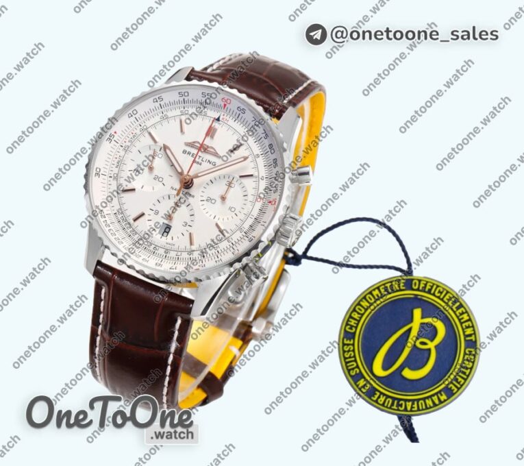 Реплика часов Breitling Navitimer B01 Chrono 43mm Stainless steel White Dial Leather Strap BLS