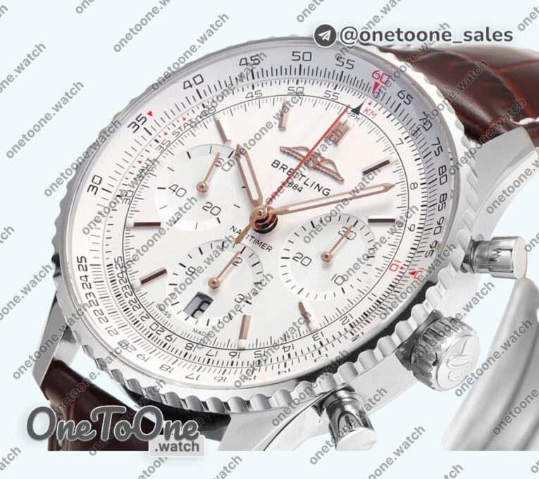 Реплика часов Breitling Navitimer B01 Chrono 43mm Stainless steel White Dial Leather Strap BLS