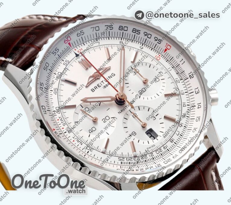 Реплика часов Breitling Navitimer B01 Chrono 43mm Stainless steel White Dial Leather Strap BLS