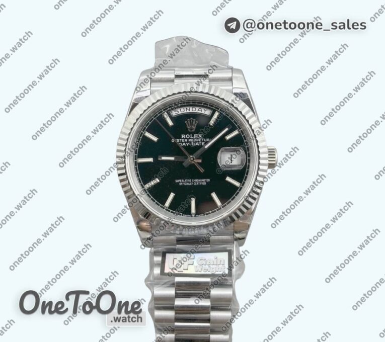 Реплика часов Rolex DayDate 40 Stainless steel Top-tier Копия один в один 904L Steel Black Dial Stick Marker on President Bracelet V5 (Увеличенный вес)